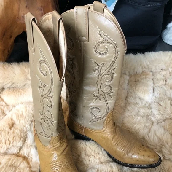 Cowboy boots 9.5/10 women 8D mens tan beige ostrich vintage - Picture 6 of 8